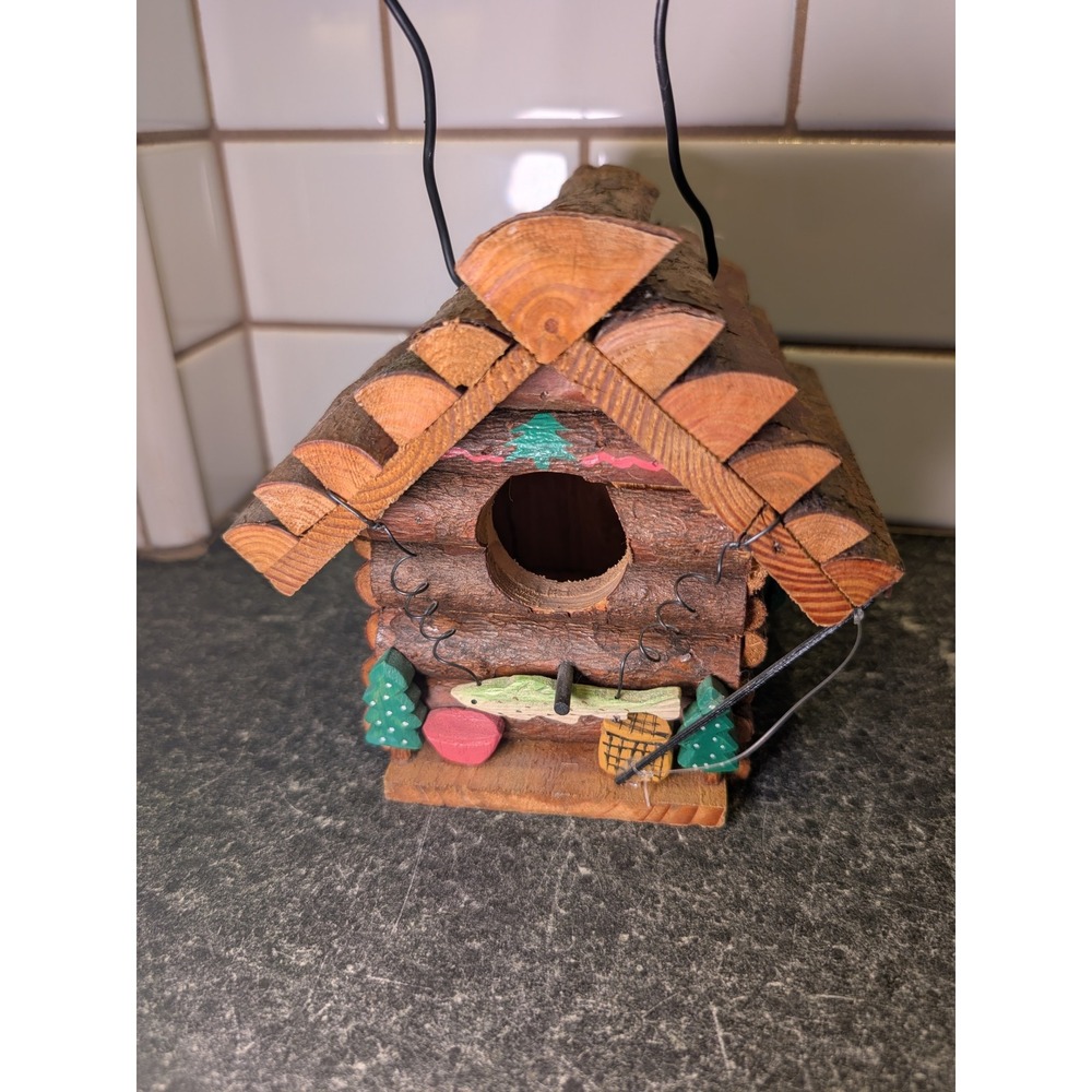 Handmade Rustic Log Cabin Birdhouse Wood Fishing Lodge Decor with Wire‎ Hanger